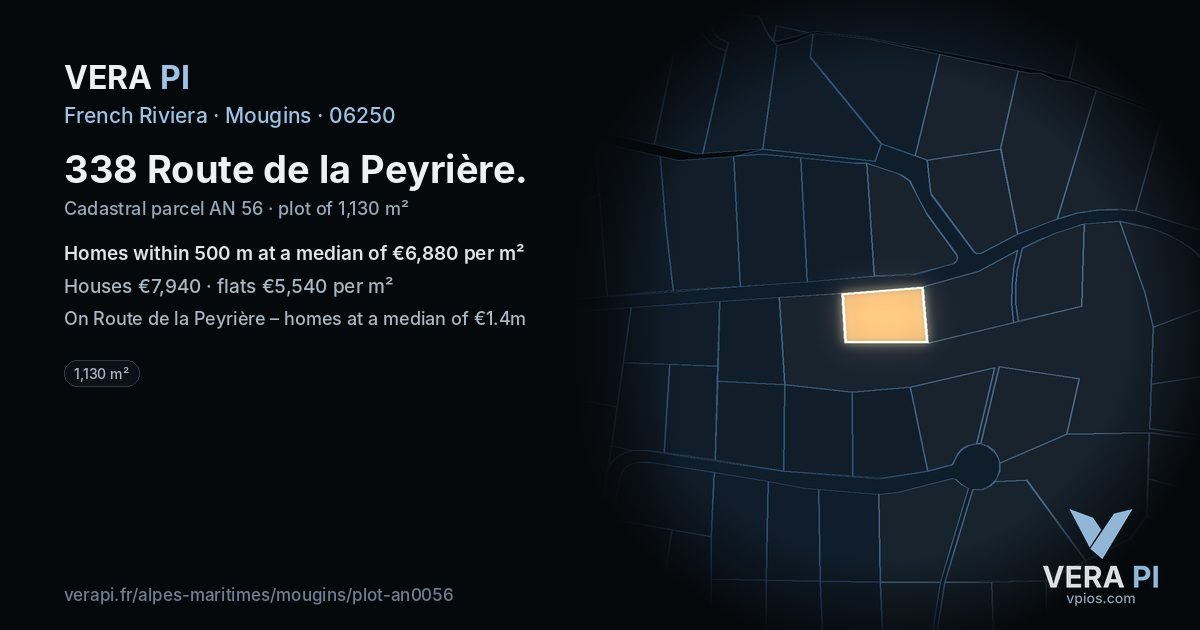 338 Route de la Peyrière, Mougins at night – the plot lit, the parcels around coloured by the prices near them