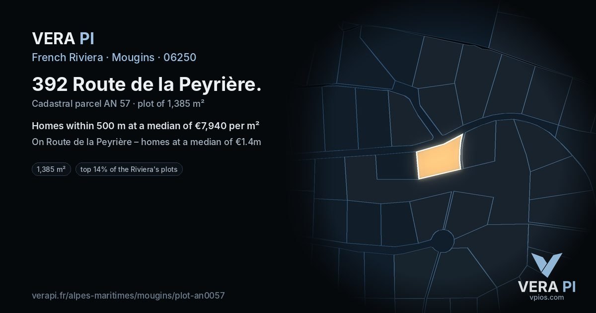392 Route de la Peyrière, Mougins at night – the plot lit, the parcels around coloured by the prices near them