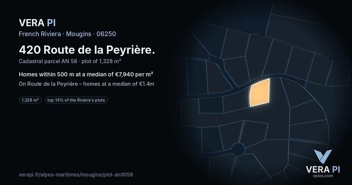 420 Route de la Peyrière, Mougins at night – the plot lit, the parcels around coloured by the prices near them