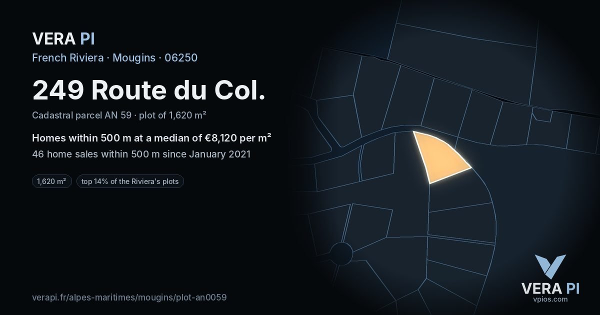 249 Route du Col, Mougins at night – the plot lit, the parcels around coloured by the prices near them