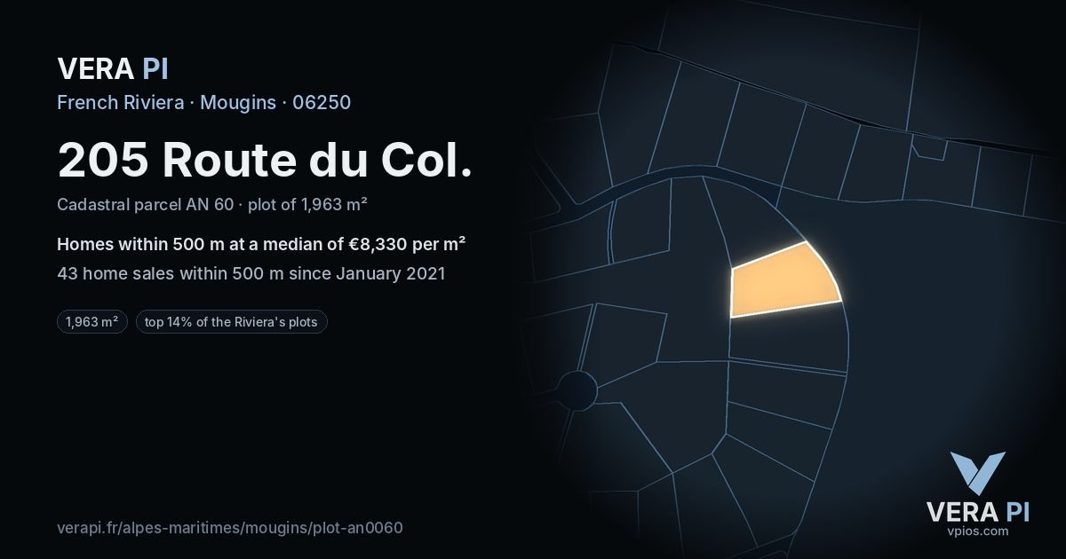 205 Route du Col, Mougins at night – the plot lit, the parcels around coloured by the prices near them