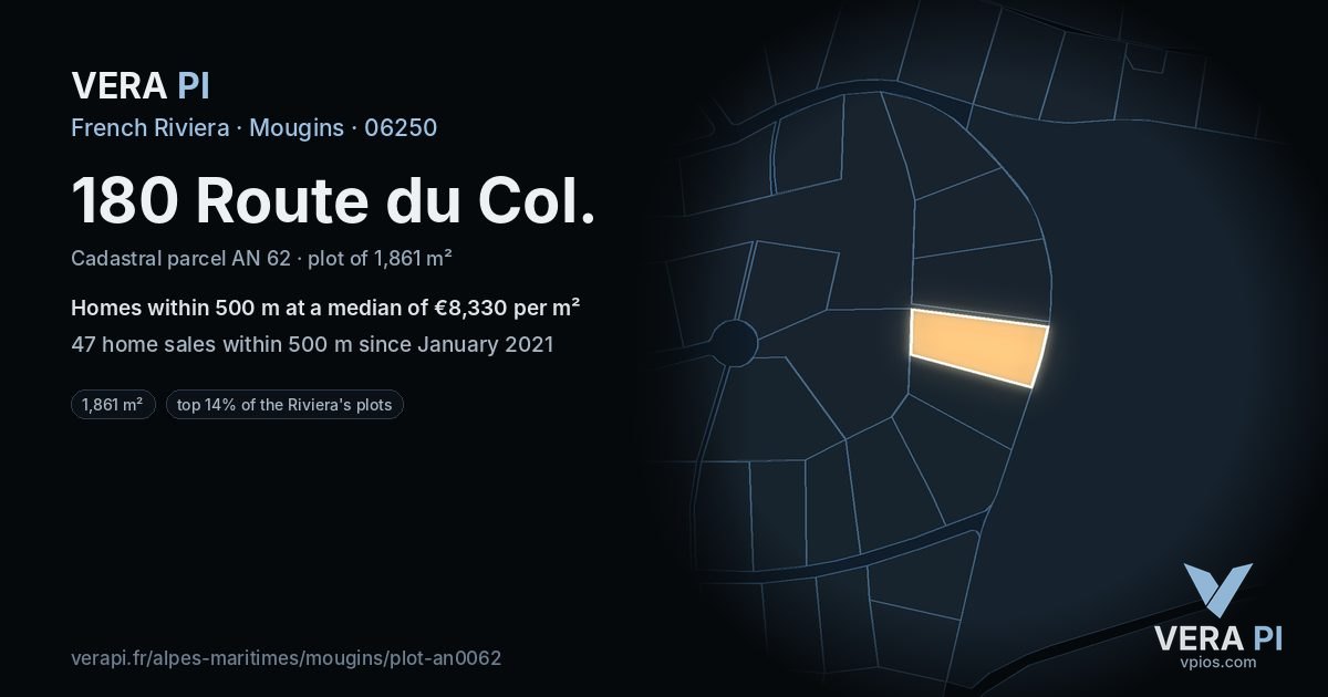 180 Route du Col, Mougins at night – the plot lit, the parcels around coloured by the prices near them