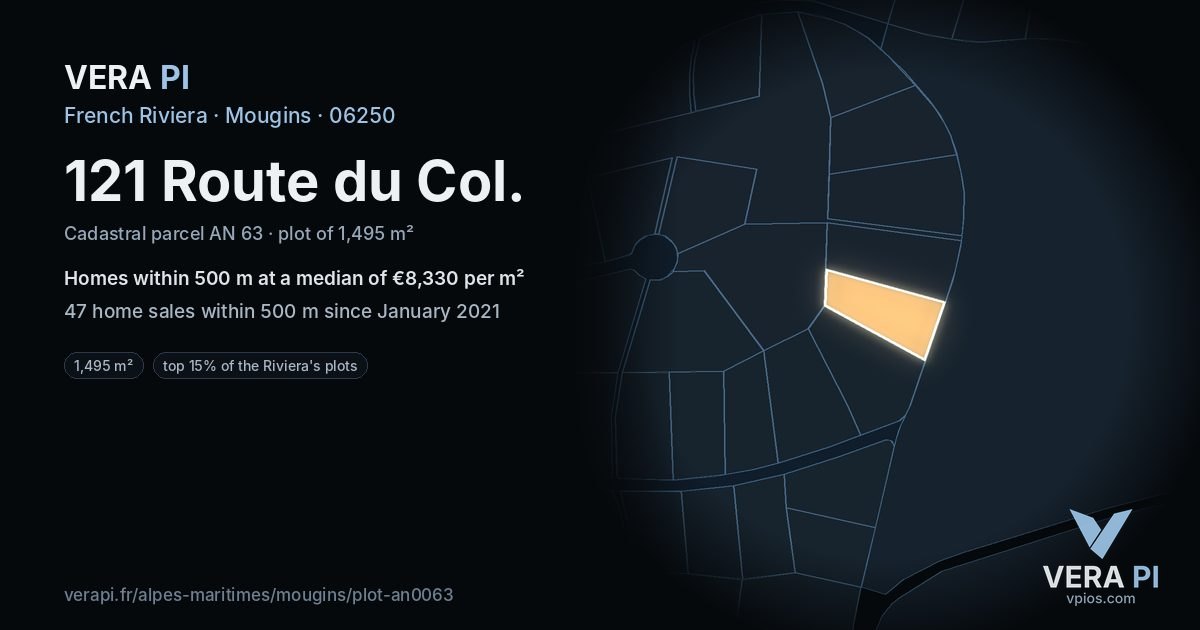 121 Route du Col, Mougins at night – the plot lit, the parcels around coloured by the prices near them