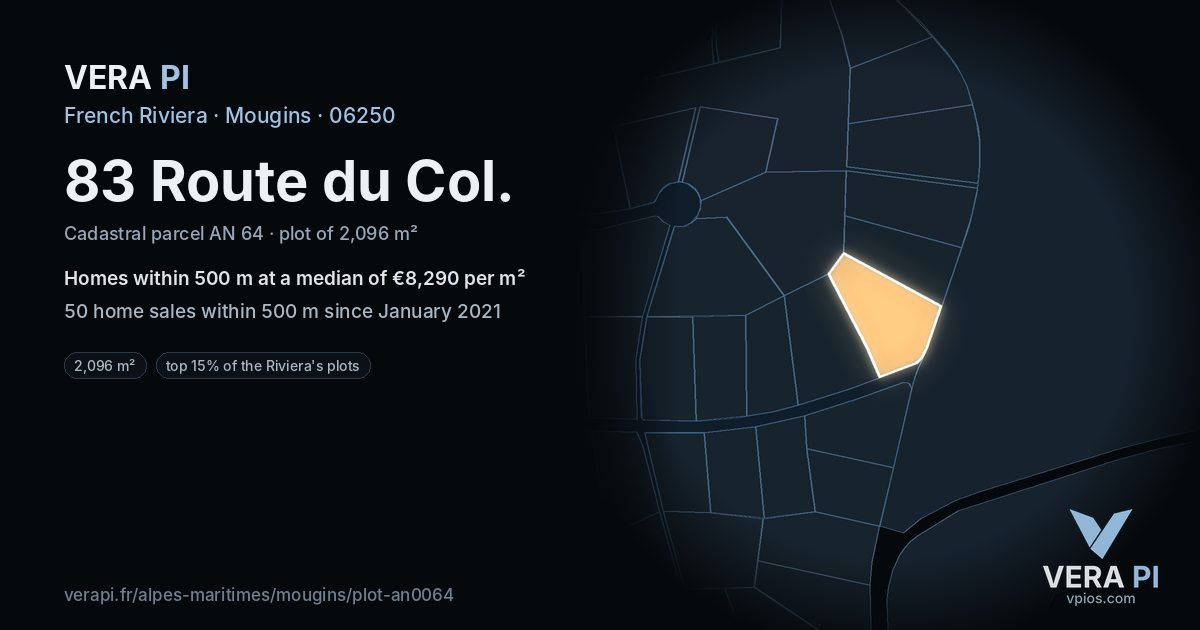 83 Route du Col, Mougins at night – the plot lit, the parcels around coloured by the prices near them