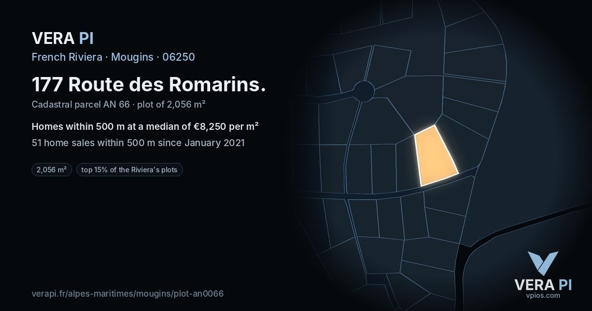 177 Route des Romarins, Mougins at night – the plot lit, the parcels around coloured by the prices near them