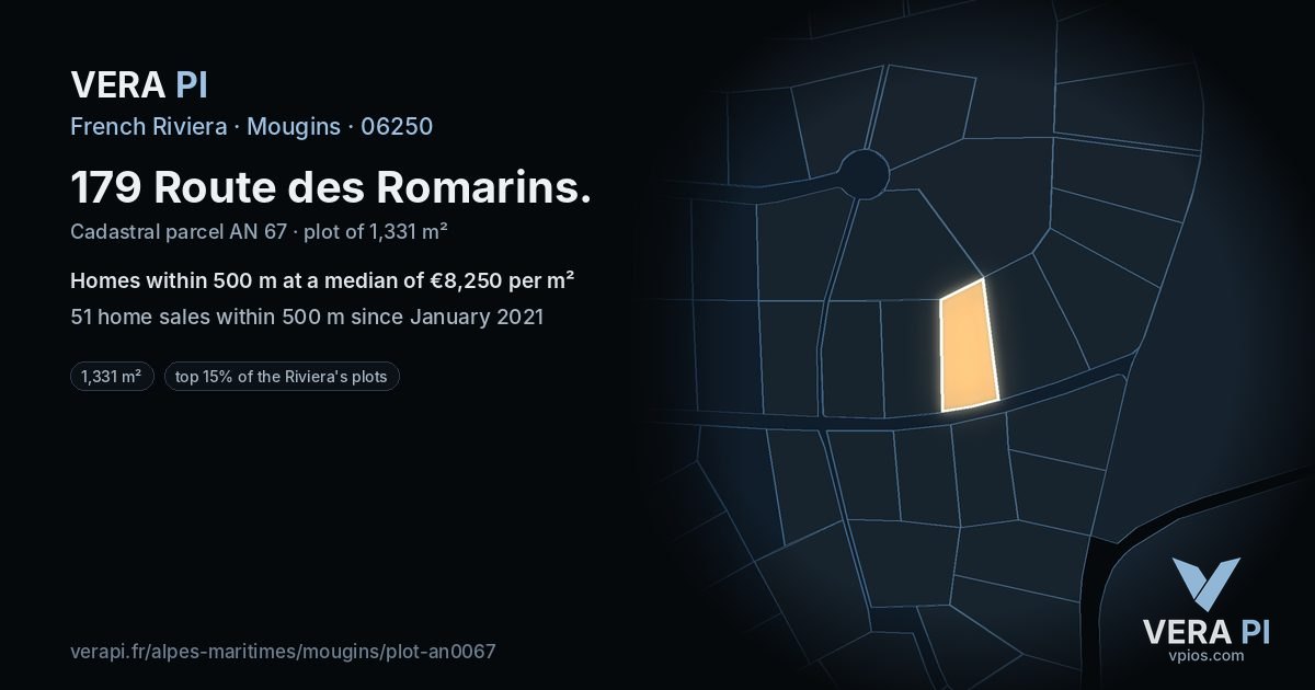 179 Route des Romarins, Mougins at night – the plot lit, the parcels around coloured by the prices near them