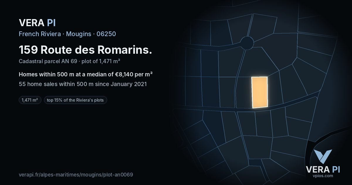 159 Route des Romarins, Mougins at night – the plot lit, the parcels around coloured by the prices near them