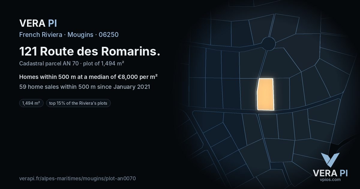 121 Route des Romarins, Mougins at night – the plot lit, the parcels around coloured by the prices near them