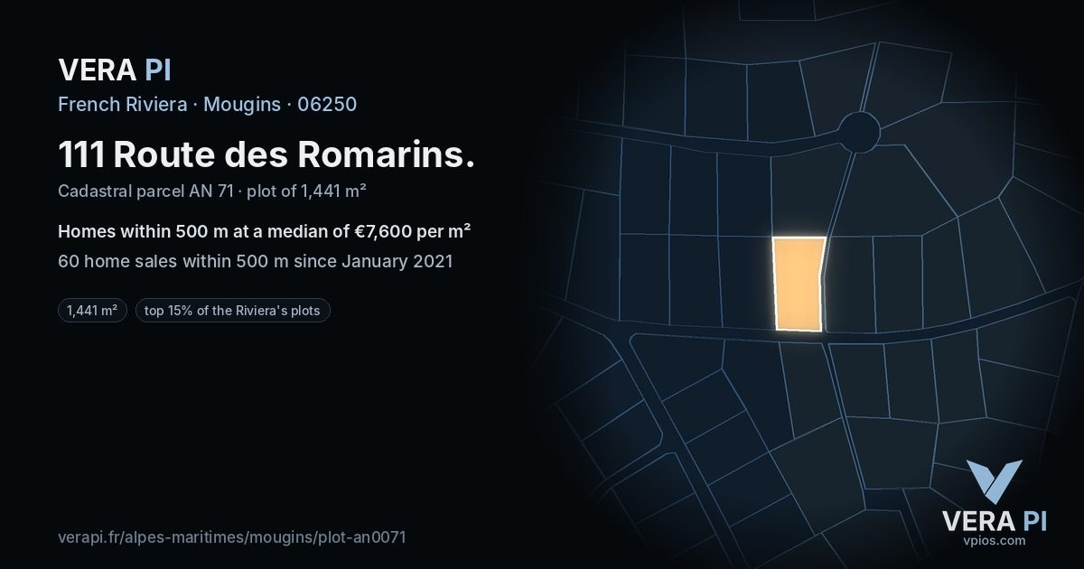 111 Route des Romarins, Mougins at night – the plot lit, the parcels around coloured by the prices near them