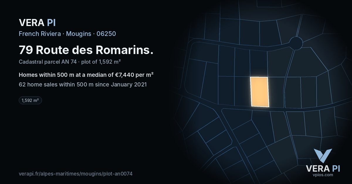 79 Route des Romarins, Mougins at night – the plot lit, the parcels around coloured by the prices near them