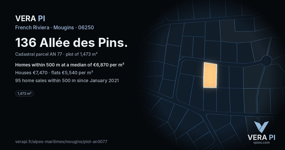 136 Allée des Pins, Mougins at night – the plot lit, the parcels around coloured by the prices near them