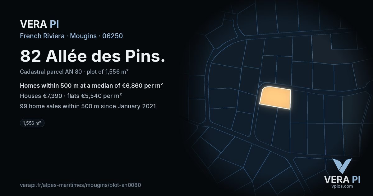 82 Allée des Pins, Mougins at night – the plot lit, the parcels around coloured by the prices near them