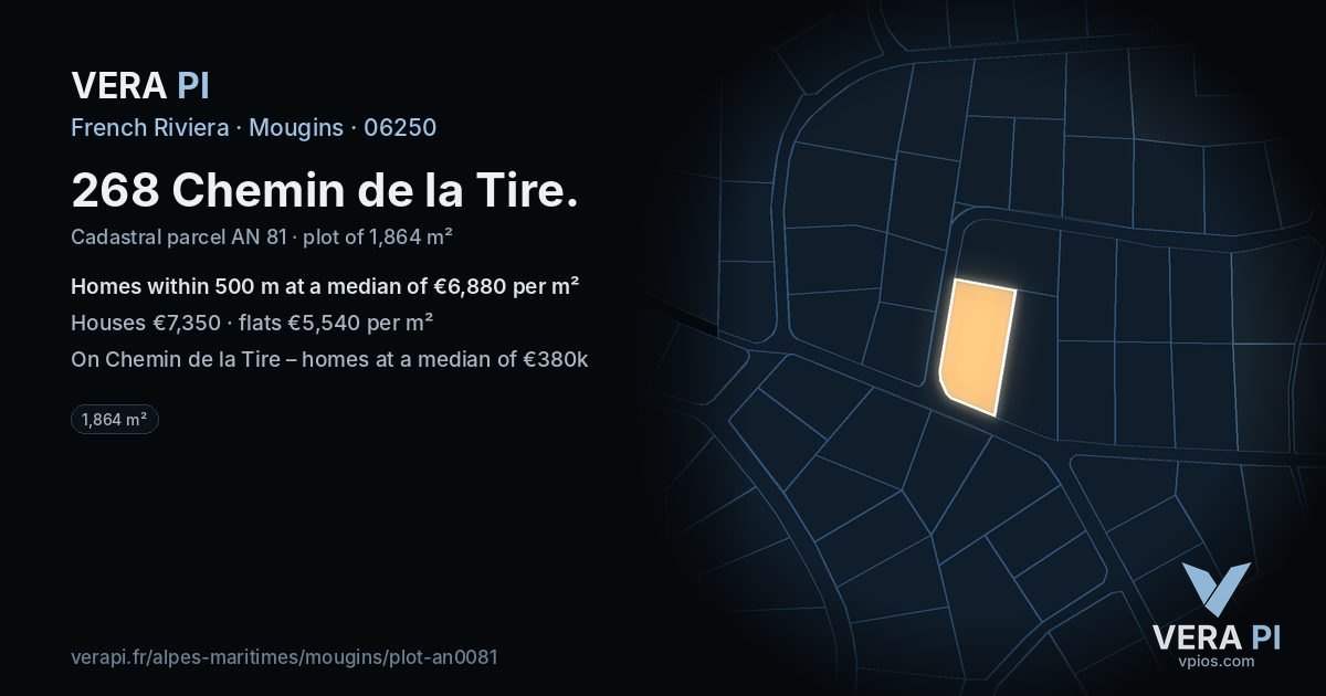 268 Chemin de la Tire, Mougins at night – the plot lit, the parcels around coloured by the prices near them