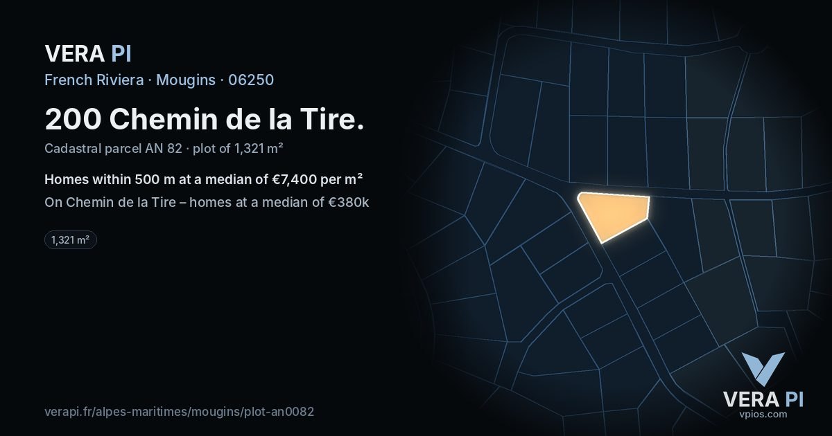 200 Chemin de la Tire, Mougins at night – the plot lit, the parcels around coloured by the prices near them