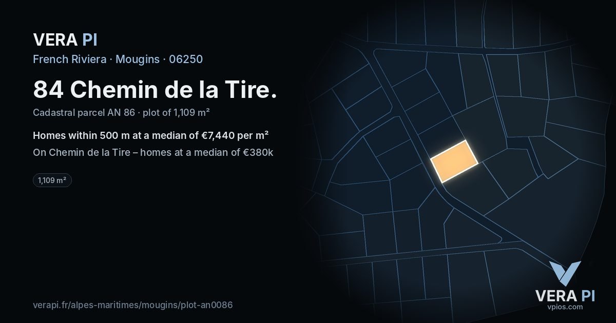 84 Chemin de la Tire, Mougins at night – the plot lit, the parcels around coloured by the prices near them