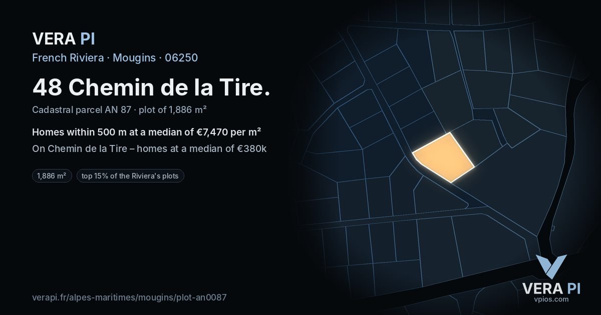 48 Chemin de la Tire, Mougins at night – the plot lit, the parcels around coloured by the prices near them