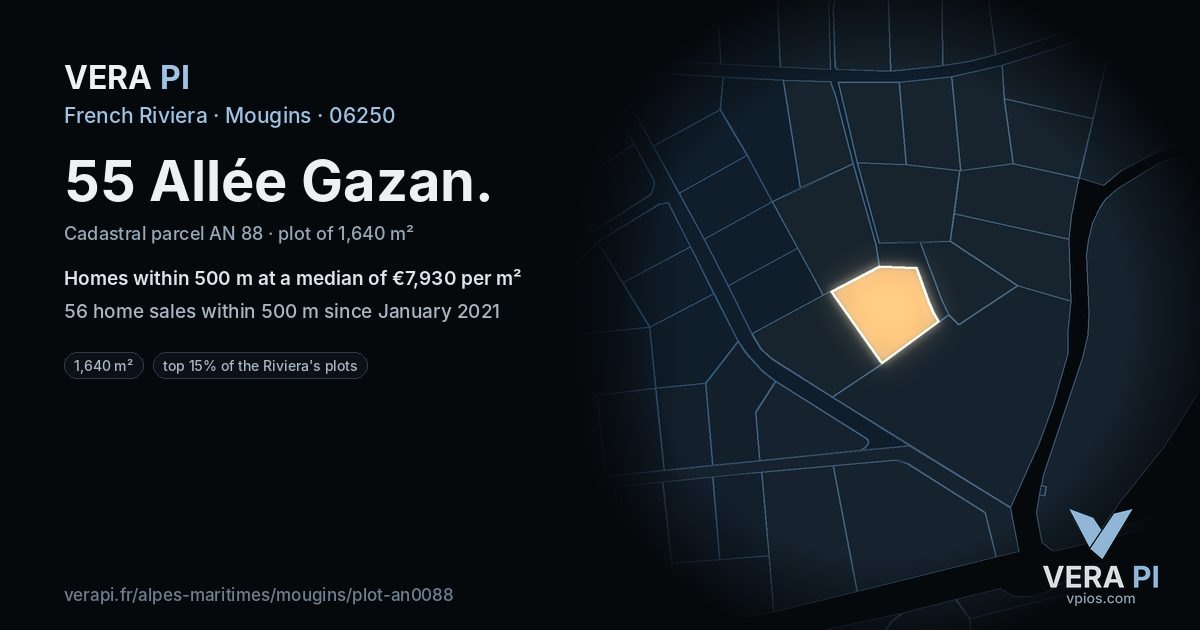 55 Allée Gazan, Mougins at night – the plot lit, the parcels around coloured by the prices near them