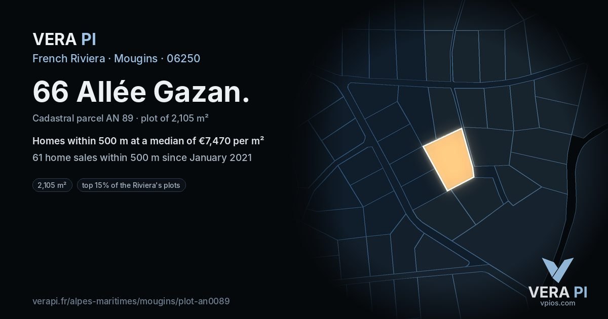 66 Allée Gazan, Mougins at night – the plot lit, the parcels around coloured by the prices near them