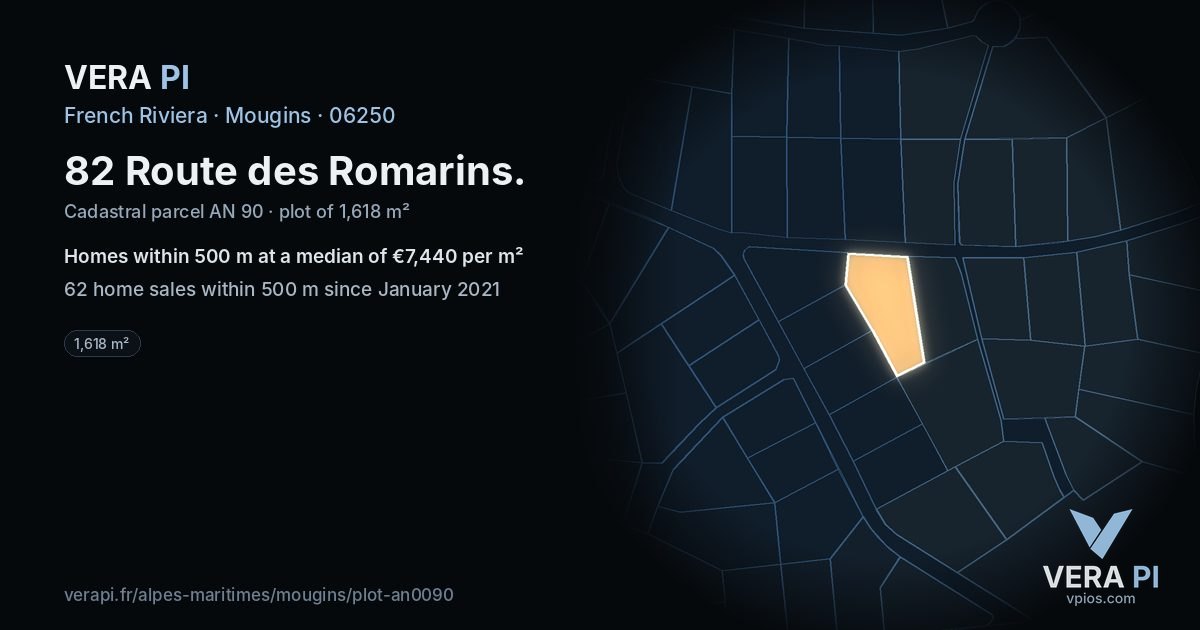 82 Route des Romarins, Mougins at night – the plot lit, the parcels around coloured by the prices near them