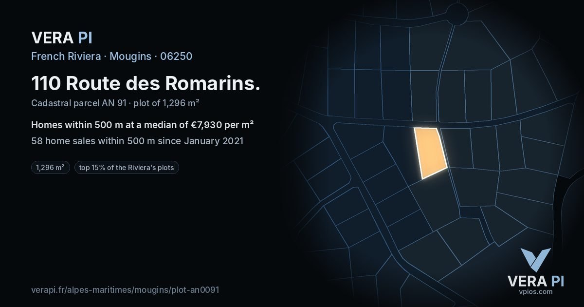 110 Route des Romarins, Mougins at night – the plot lit, the parcels around coloured by the prices near them