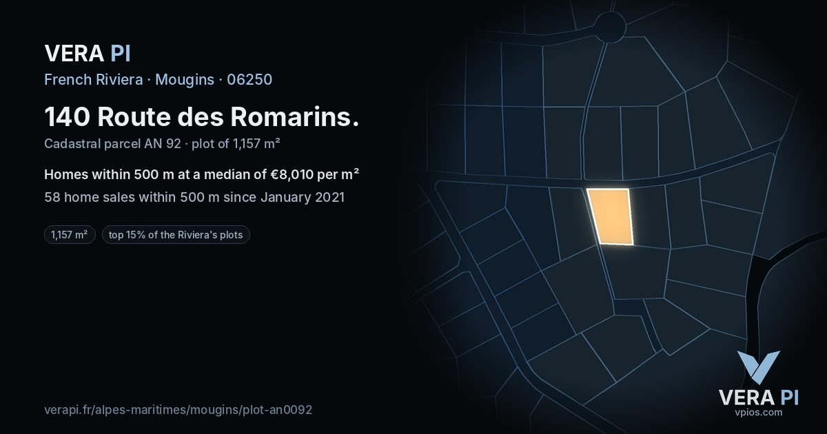140 Route des Romarins, Mougins at night – the plot lit, the parcels around coloured by the prices near them