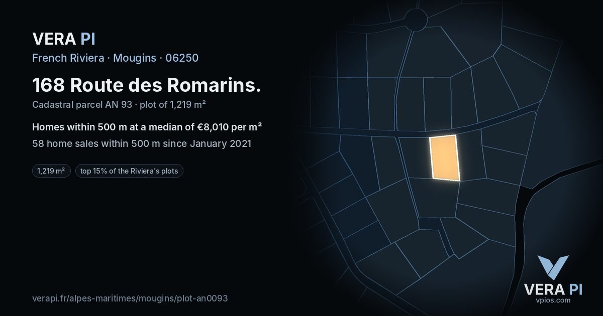 168 Route des Romarins, Mougins at night – the plot lit, the parcels around coloured by the prices near them