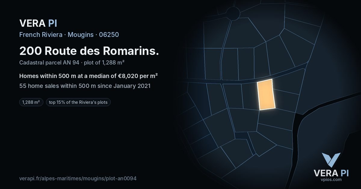 200 Route des Romarins, Mougins at night – the plot lit, the parcels around coloured by the prices near them