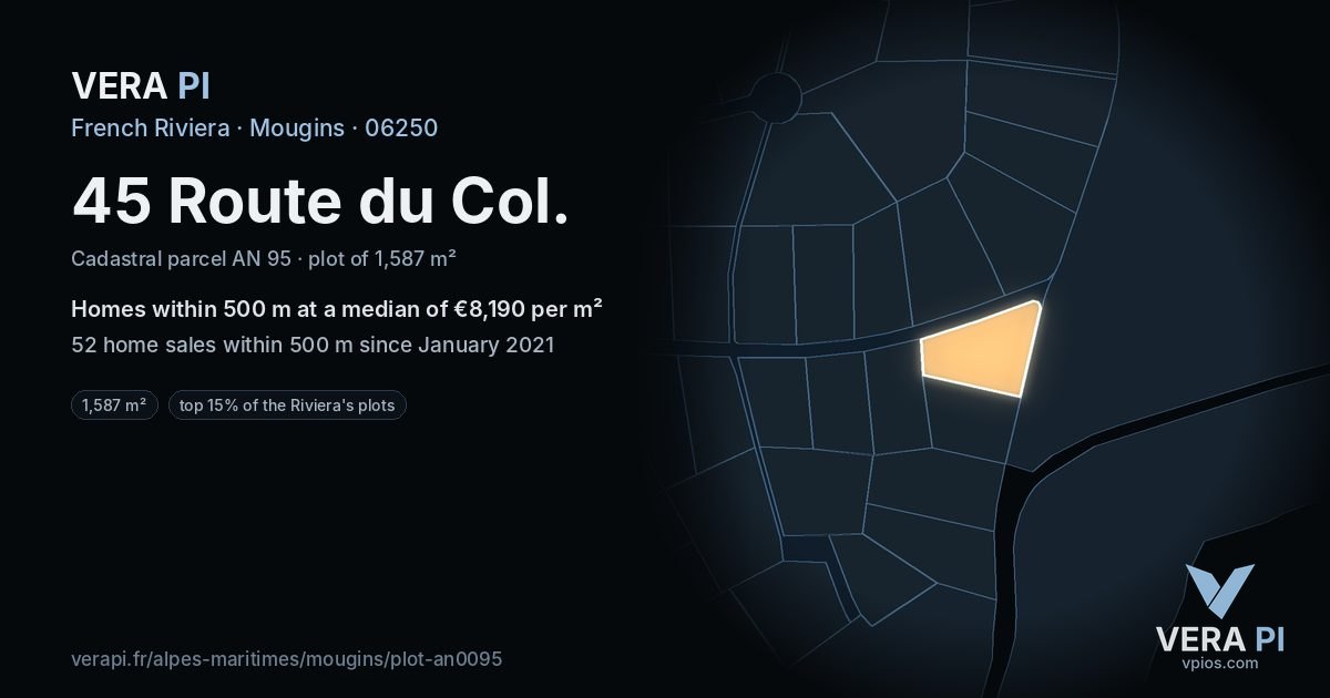 45 Route du Col, Mougins at night – the plot lit, the parcels around coloured by the prices near them