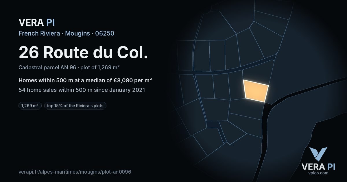 26 Route du Col, Mougins at night – the plot lit, the parcels around coloured by the prices near them
