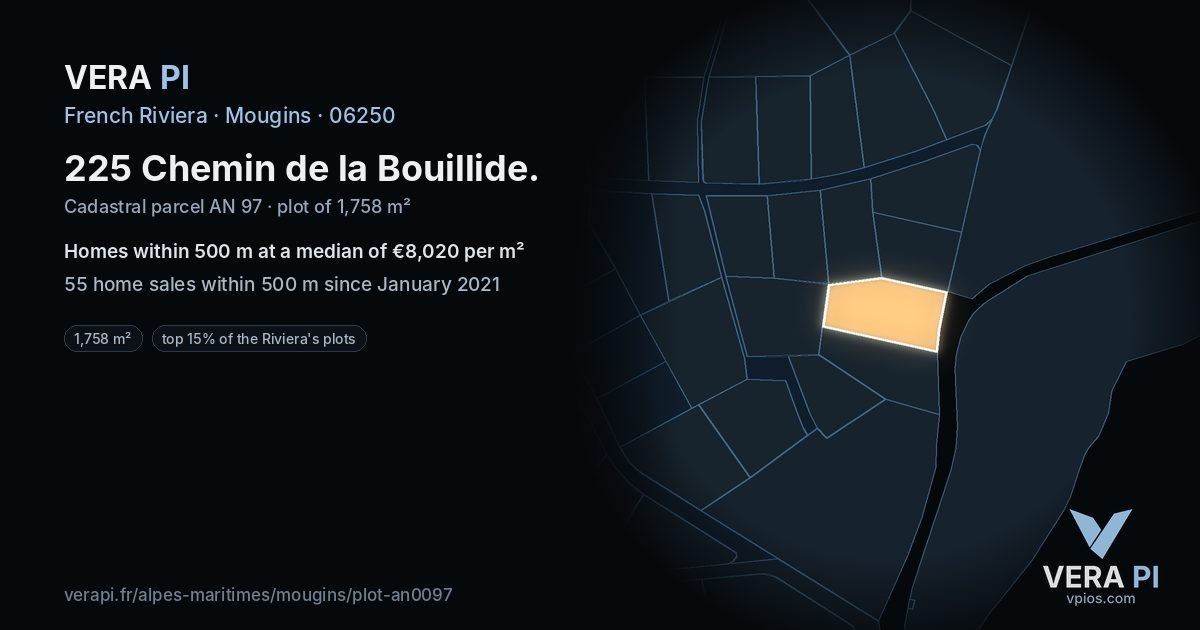 225 Chemin de la Bouillide, Mougins at night – the plot lit, the parcels around coloured by the prices near them