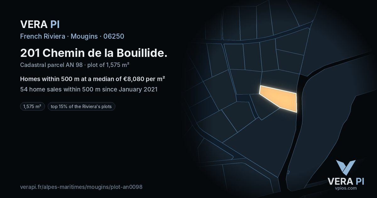 201 Chemin de la Bouillide, Mougins at night – the plot lit, the parcels around coloured by the prices near them