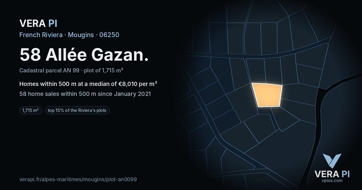 58 Allée Gazan, Mougins at night – the plot lit, the parcels around coloured by the prices near them