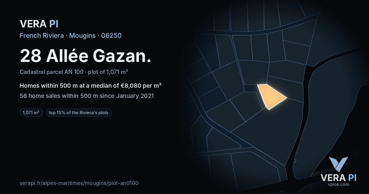 28 Allée Gazan, Mougins at night – the plot lit, the parcels around coloured by the prices near them