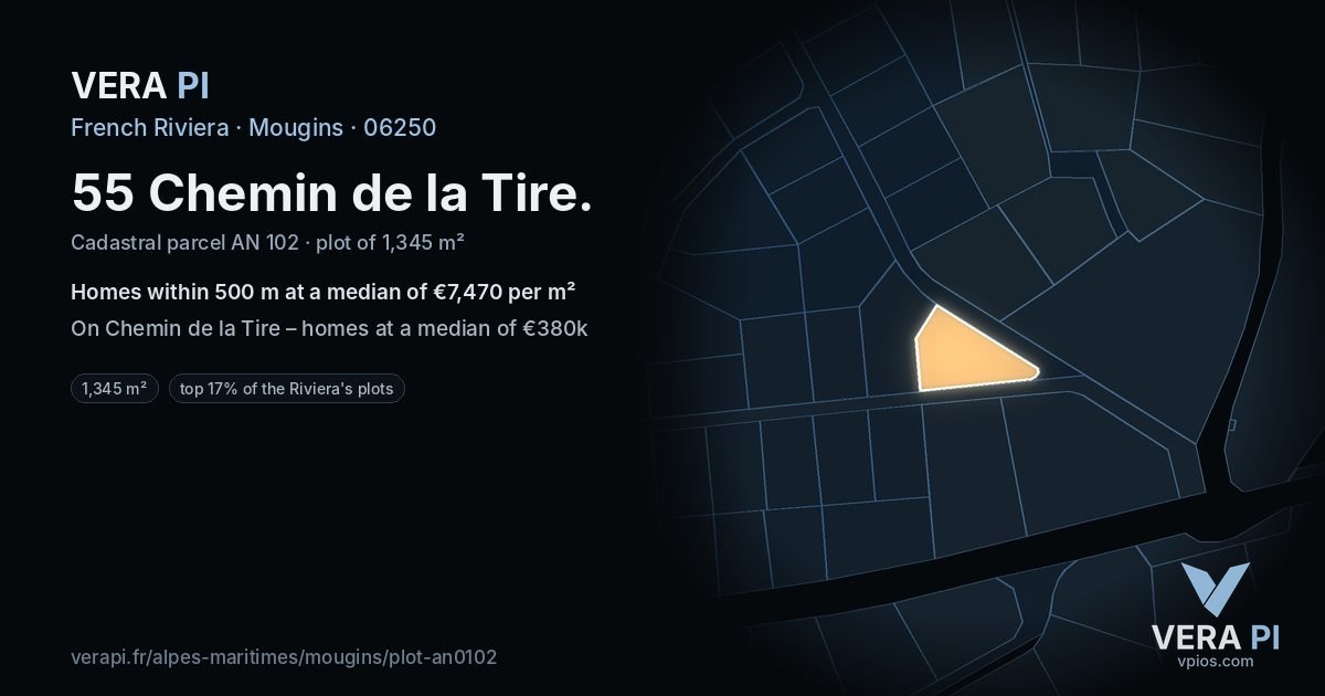 55 Chemin de la Tire, Mougins at night – the plot lit, the parcels around coloured by the prices near them