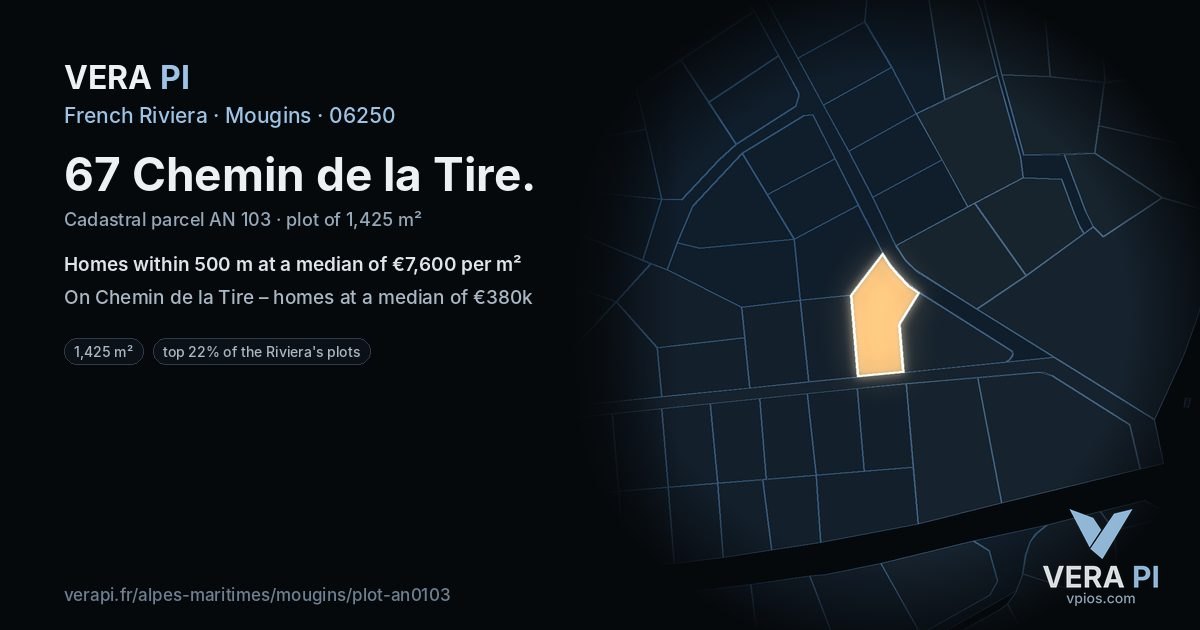 67 Chemin de la Tire, Mougins at night – the plot lit, the parcels around coloured by the prices near them