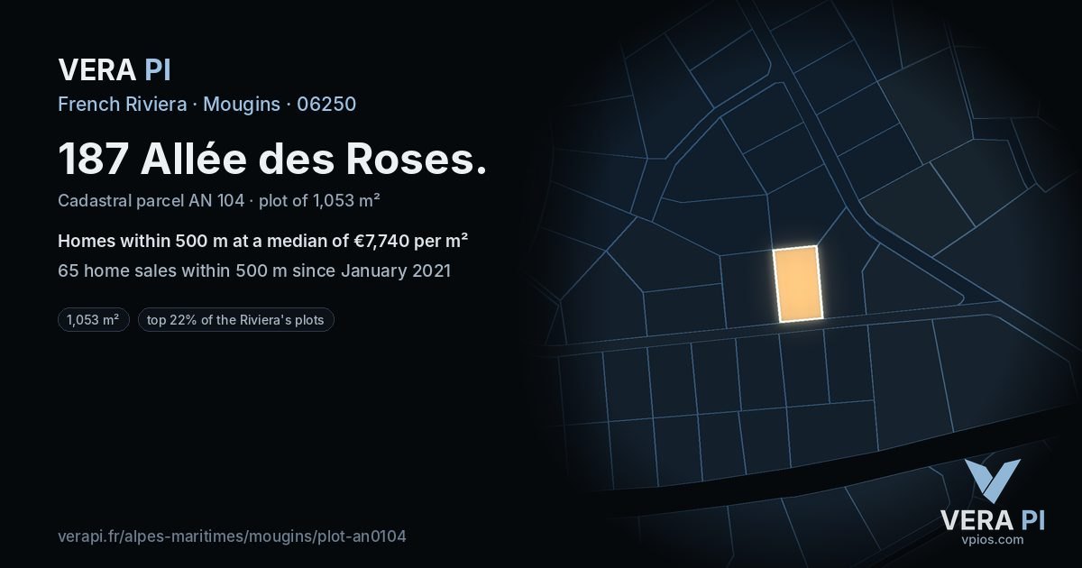 187 Allée des Roses, Mougins at night – the plot lit, the parcels around coloured by the prices near them
