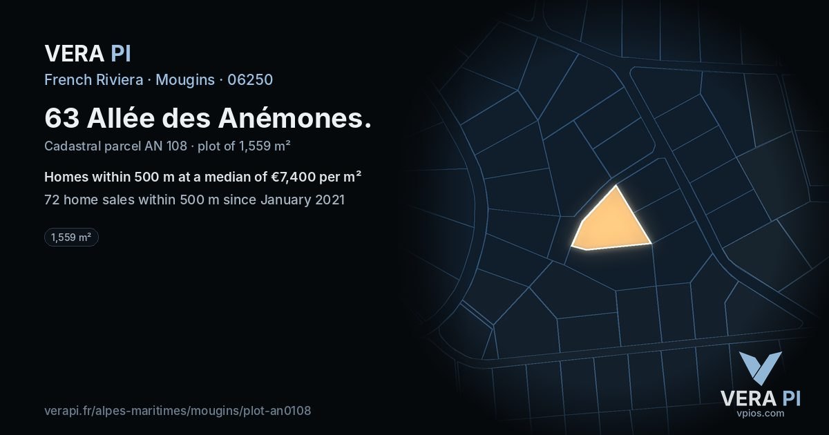 63 Allée des Anémones, Mougins at night – the plot lit, the parcels around coloured by the prices near them