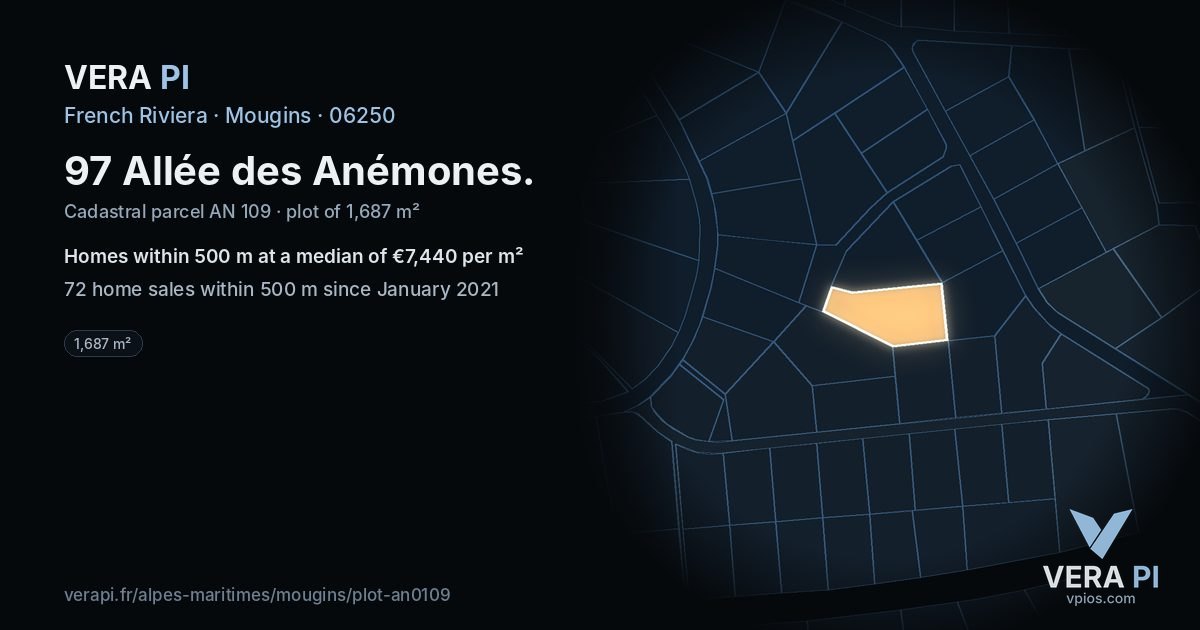 97 Allée des Anémones, Mougins at night – the plot lit, the parcels around coloured by the prices near them