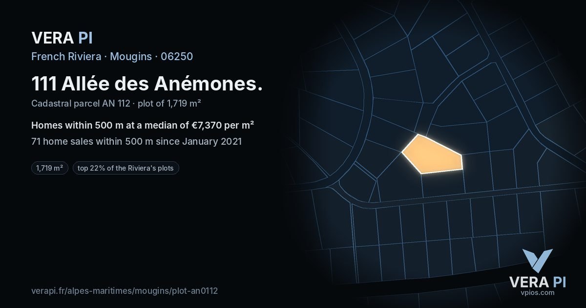 111 Allée des Anémones, Mougins at night – the plot lit, the parcels around coloured by the prices near them