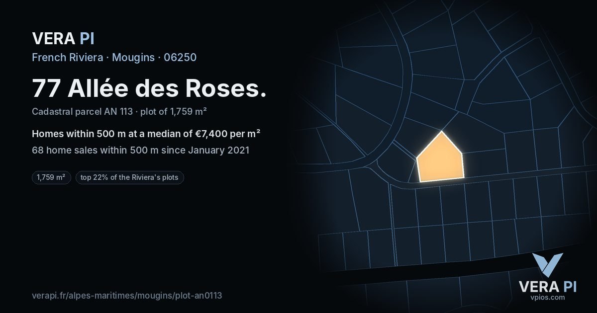 77 Allée des Roses, Mougins at night – the plot lit, the parcels around coloured by the prices near them