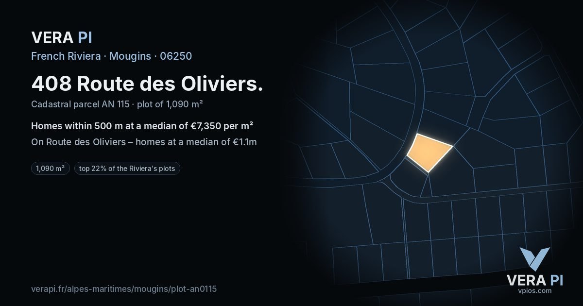 408 Route des Oliviers, Mougins at night – the plot lit, the parcels around coloured by the prices near them