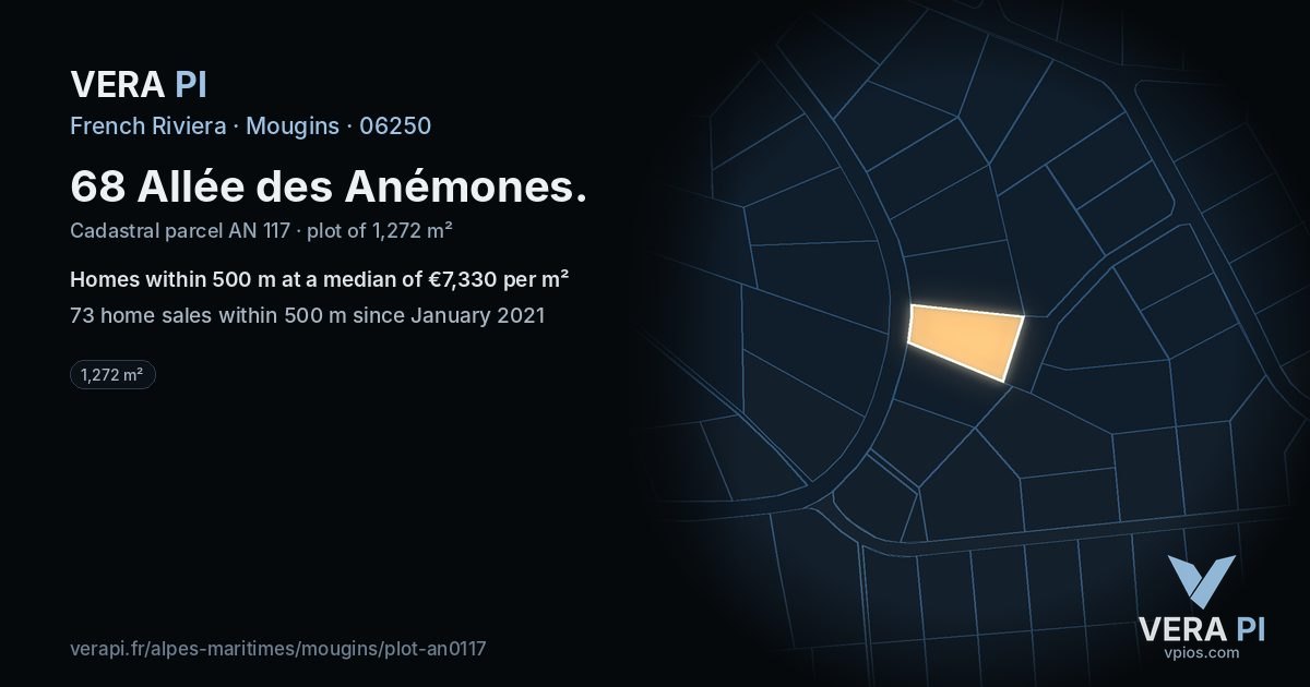 68 Allée des Anémones, Mougins at night – the plot lit, the parcels around coloured by the prices near them