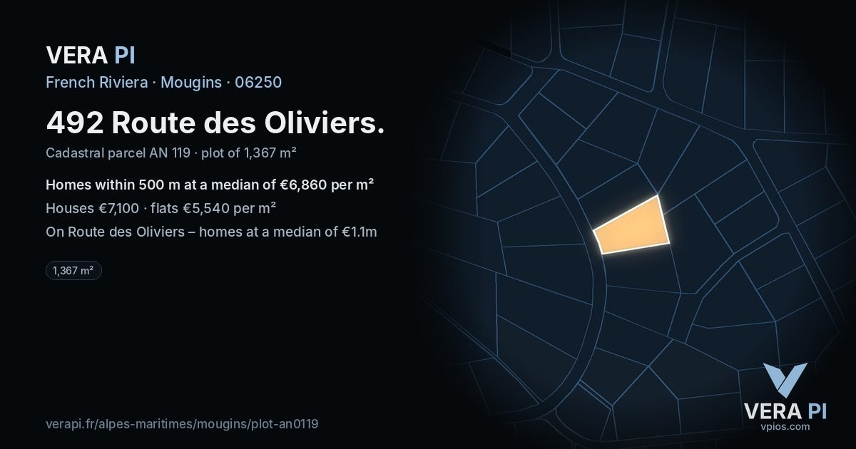492 Route des Oliviers, Mougins at night – the plot lit, the parcels around coloured by the prices near them