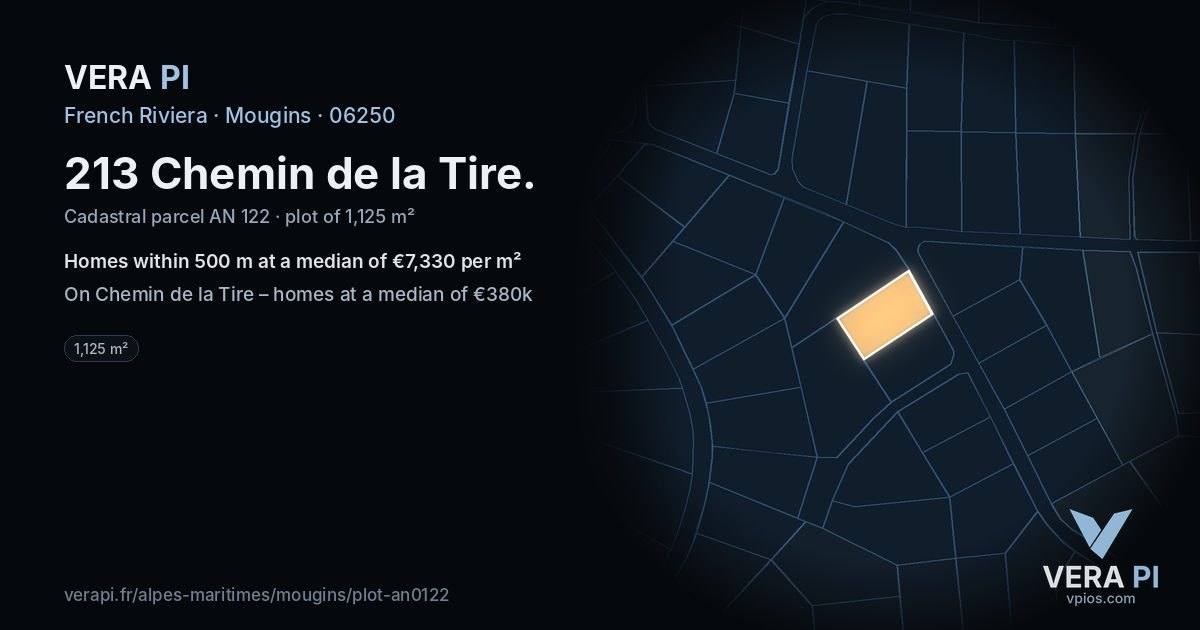213 Chemin de la Tire, Mougins at night – the plot lit, the parcels around coloured by the prices near them