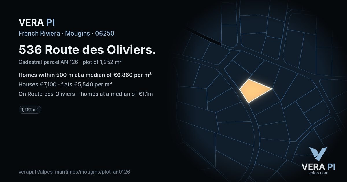 536 Route des Oliviers, Mougins at night – the plot lit, the parcels around coloured by the prices near them