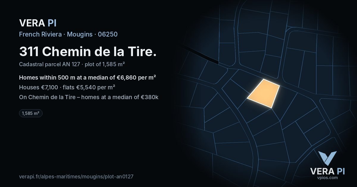 311 Chemin de la Tire, Mougins at night – the plot lit, the parcels around coloured by the prices near them