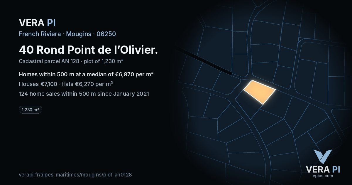 40 Rond Point de l’Olivier, Mougins at night – the plot lit, the parcels around coloured by the prices near them