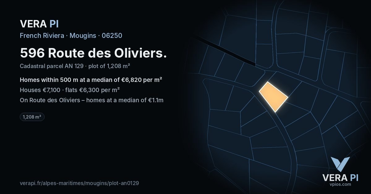 596 Route des Oliviers, Mougins at night – the plot lit, the parcels around coloured by the prices near them