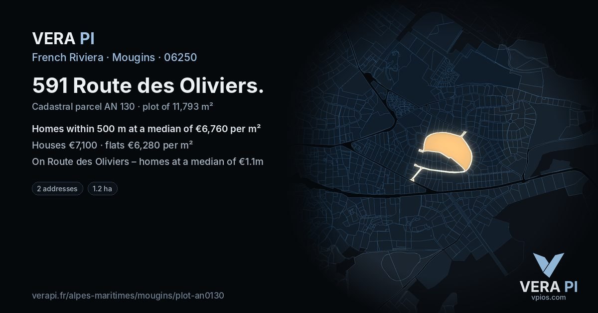 591 Route des Oliviers, Mougins at night – the plot lit, the parcels around coloured by the prices near them