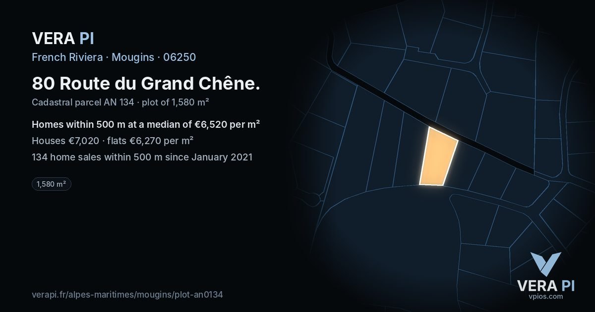 80 Route du Grand Chêne, Mougins at night – the plot lit, the parcels around coloured by the prices near them